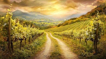 Fototapeta premium Scenic Vineyard Landscape during Sunset with Rolling Hills and Rich Green Grapevines near Beautiful Mountains