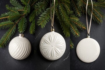Three white ornaments hanging from a tree branch. The ornaments are all different shapes and sizes