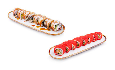 Delicious sushi rolls presented on elegant plates