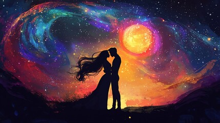 Obraz premium Silhouetted couple embracing under a vibrant cosmic sky.