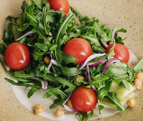 Fresh arugula and tomato salad on plate