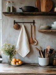 Modern rustic kitchen interior with hanging towel and wooden utensils