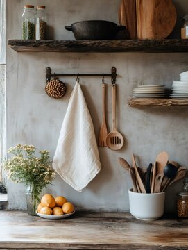 Modern rustic kitchen interior with hanging towel and wooden utensils