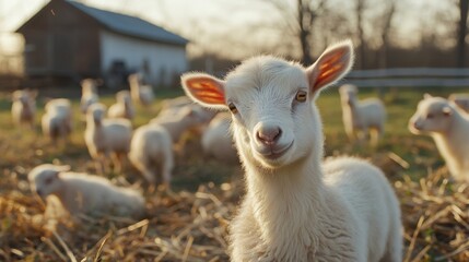 Fototapeta premium Adorable White Lamb in a Spring Pasture