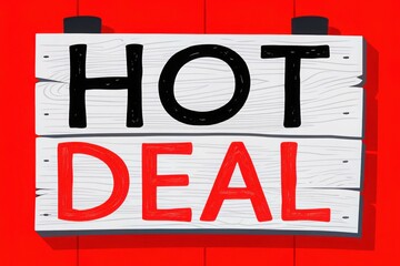 Hot Deal 3D text concept. Signboard displaying a bold "Hot Deal" message in red and black letters on a wooden background.
