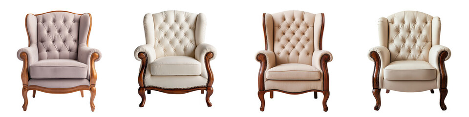 Sophisticated tufted wingback chairs in a neutral color palette featured in an elegant and traditional home interior design  These plush