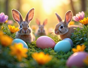 Fototapeta premium a whimsical Easter scene featuring two cute bunnies amidst a vibrant and colorful setting