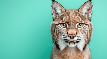 Obraz premium Lynx portrait, studio shot, teal background, wildlife