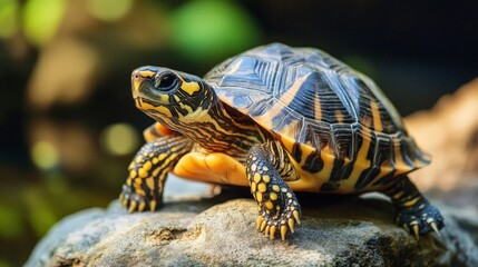 Obraz premium Close Up Of A Yellow And Black Turtle On A Rock