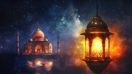Fototapeta premium Taj Mahal Night Scene with Lantern