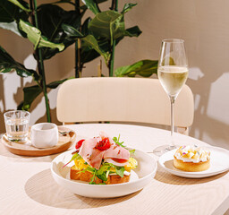 Delicious brunch spread with toast, dessert, and sparkling drink