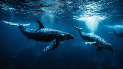 Fototapeta premium Three Whales Swimming Underwater In Dark Blue Ocean
