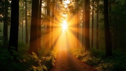 Obraz premium Sunlight streaming through a dense forest, illuminating a path with golden rays.