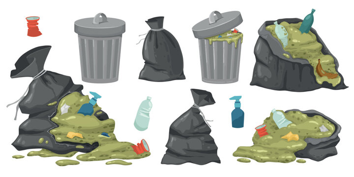 City trash bag. Rotting garbage in waste bag or street dustbins, full can bin pile rubbish accumulation dumpster overflow dump dirty food, cartoon trashcan neat vector illustration of waste garbage.