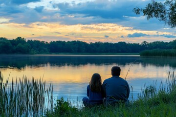 Fototapeta premium A father and daughter go fishing at a quiet lake, watching the bobber float. The peaceful water reflects the evening sky