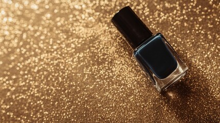 A sleek bottle of dark nail polish against a shimmering gold background.