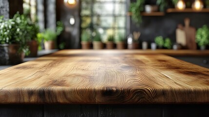 Fototapeta premium Empty wooden table in blurred modern kitchen background