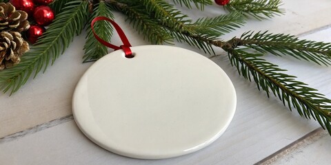 Blank ceramic ornament with red ribbon, surrounded by pine branches and pinecones.