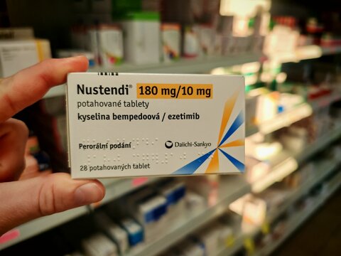 Prague,Czech Republic-January 8 2025: Nustendi by Daiichi Sankyo contains Bempedoic acid and Ezetimibe, used for lowering cholesterol in patients with cardiovascular risk when statins are not sufficie