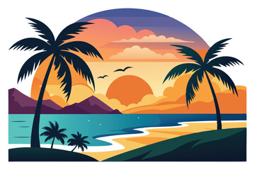 Obraz premium Colorful Sunset Beach Scene with Palm Trees.A vibrant and stylized illustration of a tropical beach at sunset.
