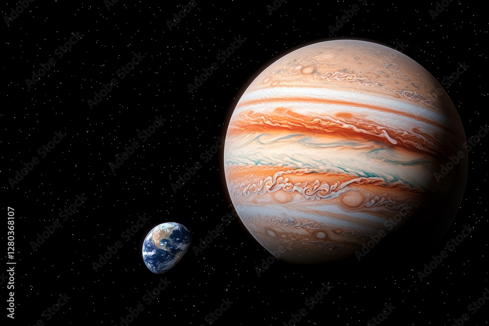 Wall mural jupiter and earth alignment in deep space. jupiter massive size compared to earth in space