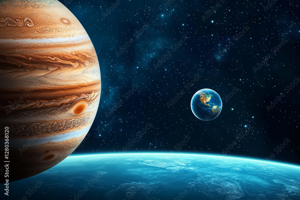 Wall mural jupiter and earth alignment in deep space. jupiter massive size compared to earth in cosmic scene