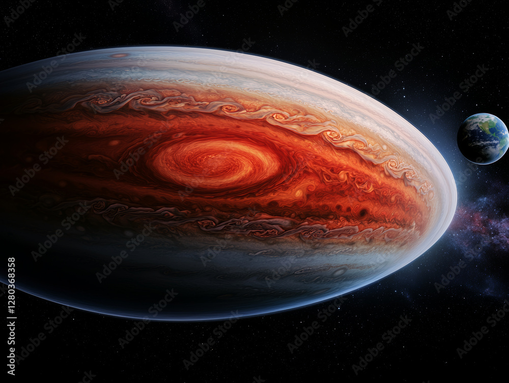 Wall mural jupiter and earth alignment in deep space. jupiter great red spot with earth in background