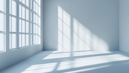 Obraz premium Sundrenched empty room bathed in warm light featuring a expansive window and pristine white walls