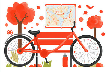 Fototapeta premium A colorful illustration featuring a red bicycle beside a bench, surrounded by red trees and a map, evoking a lively outdoor atmosphere.