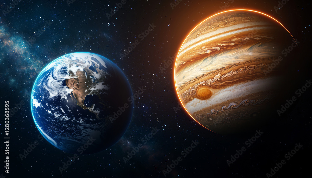 Wall mural jupiter and earth alignment in deep space. earth and jupiter aligned in space with glowing rings