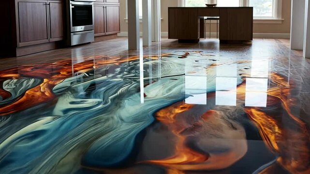 Stunning epoxy resin floor design transforms modern kitchen with vibrant colors and intricate patterns