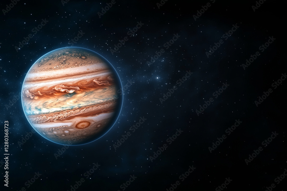 Wall mural jupiter and earth alignment in deep space. jupiter in vibrant cosmic alignment with stars in backgro