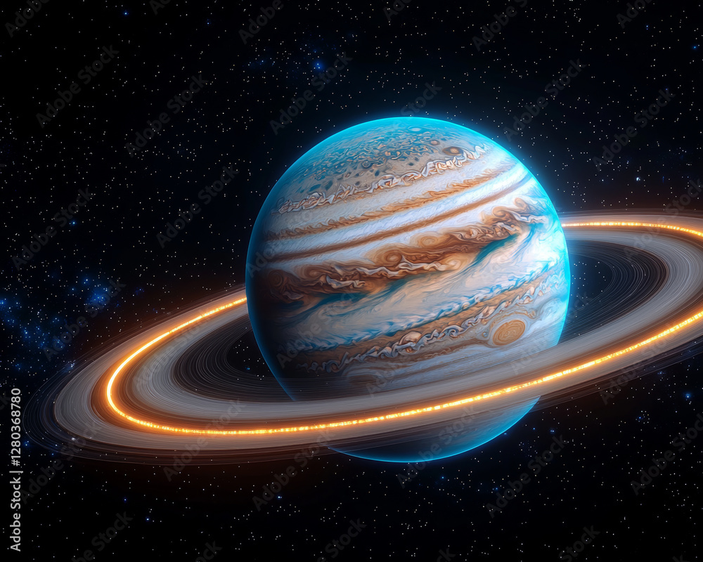 Wall mural jupiter and earth alignment in deep space. glowing ringed planet orbits in space with vibrant colors