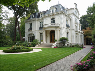 Fototapeta premium royal palace in brussels, Old white colored town house with green lawn