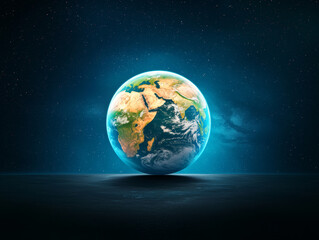 Jupiter and Earth alignment in deep space. Earth illuminated against starry space background