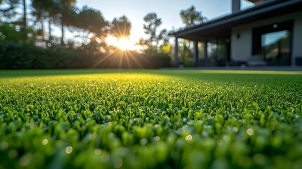 Perfect green artificial grass lawn in sunset light