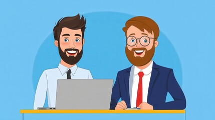 Smiling Businessmen Collaborating at Desk, Pixel Art Illustration
