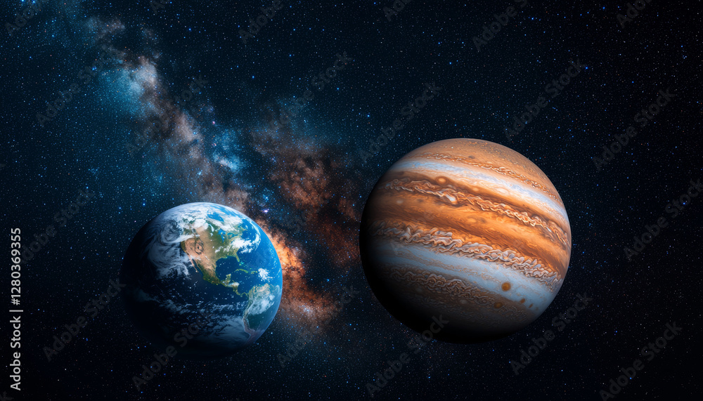 Wall mural jupiter and earth alignment in deep space. earth and jupiter illuminated under starlight in space