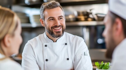 Smiling Chef and Colleagues Confer in a Restaurant Kitchen