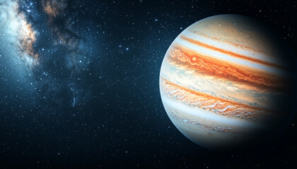 Jupiter and Earth alignment in deep space. Jupiter and Milky Way under starlight create ethereal scene