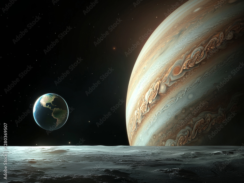 Wall mural jupiter and earth alignment in deep space. jupiter looms large with earth orbiting closely in space