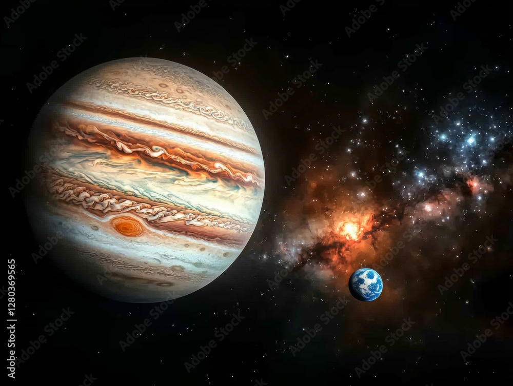 Wall mural jupiter and earth alignment in deep space. jupiter dominates frame with small earth orbiting nearby
