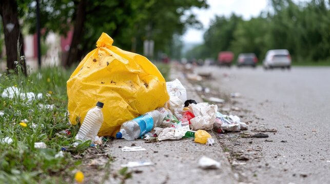 roadside litter, plastic waste, yellow bag, environmental pollution, street cleanup