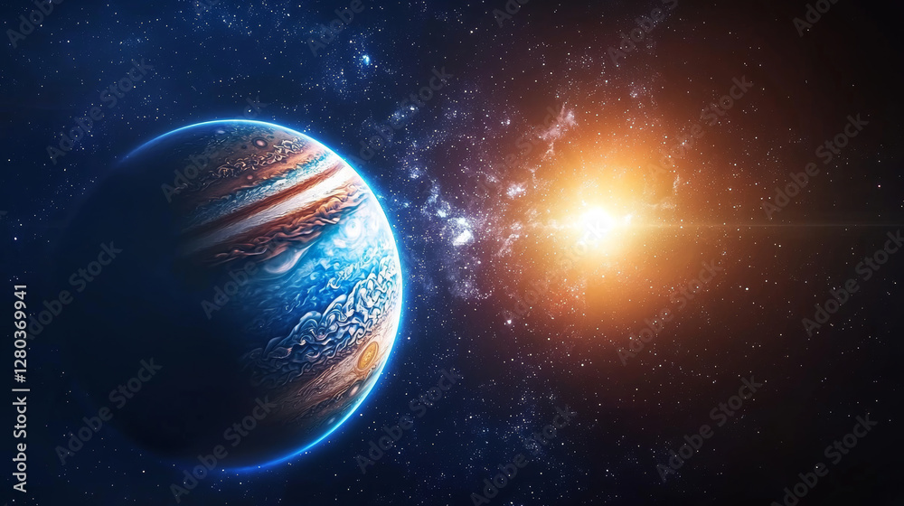 Wall mural jupiter and earth alignment in deep space. jupiter and earth in outer space with bright sun in backg