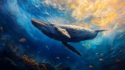Naklejka premium Pixelated Whale in a Vibrant Underwater Scene