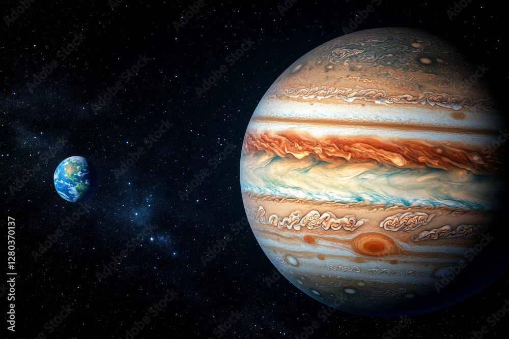 Wall mural jupiter and earth alignment in deep space. jupiter colorful cloud layers with earth in distance