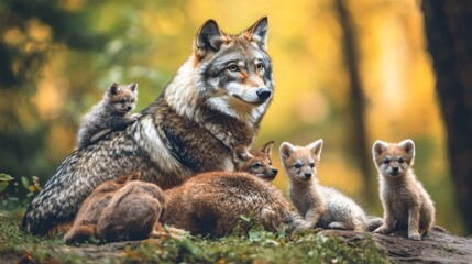 Obraz premium Gray Wolf with Pups in Autumn Forest