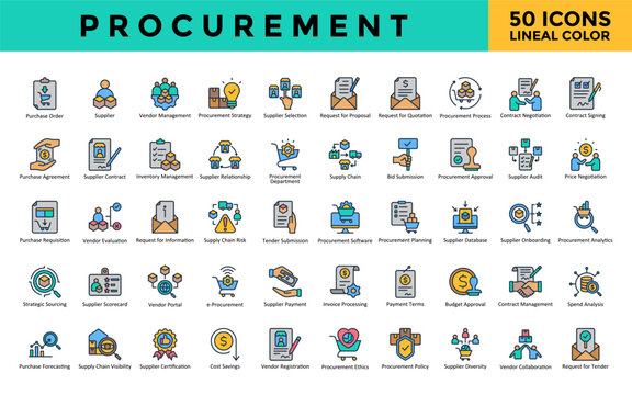 Procurement icons set with purchase order, supplier, vendor management, procurement strategy, supplier selection, request for proposal, request for quotation icon. Simple lineal color vector 
