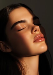 Obraz premium Close-up portrait of a young woman's face. she has long dark hair that is pulled back in a sleek ponytail. her eyes are closed and her head is tilted slightly to the side.