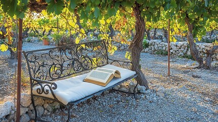 Tranquil vineyard scene with a book on a bench